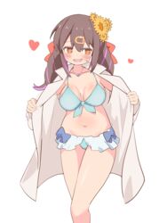  :d absurdres bad_id bad_pixiv_id bare_legs bikini bikini_skirt bikini_under_clothes black_hair blue_bikini blush bow bow_bikini breasts coat collarbone commentary female flower front-tie_bikini_top front-tie_top hair_between_eyes hair_flower hair_ornament hair_ribbon hairclip heart heart_necklace highres jewelry lab_coat long_hair long_sleeves medium_breasts multicolored_hair navel necklace o-ring o-ring_bikini onii-chan_wa_oshimai! open_clothes open_coat open_mouth opened_by_self orange_hair oyama_mihari pon_sugar purple_hair red_ribbon ribbon simple_background smile solo stomach streaked_hair sweatdrop swimsuit two-tone_hair white_background 