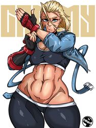  abs blonde_hair blue_eyes breasts cammy_white choker cleavage female female_only girls hi_res lips muscular muscular_female scar solo street_fighter street_fighter_6 thighs tomboy wide_hips zarietu 