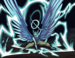  anthro barefoot blue_body clothed clothing david_lillie dragon dreamkeepers electricity electricity_manipulation elemental_manipulation feathered_wings feathers feet glowing glowing_eyes halo hi_res juzo_drakobi kanrod_stavoyan male mythological_creature mythological_scalie mythology scalie solo spread_wings tail topless wings 