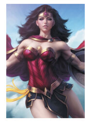  absurdres armlet biceps black_hair blue_eyes blue_sky cape cloud day dc_comics earrings female highres jewelry lasso lens_flare looking_at_viewer official_art outstretched_arms parted_lips realistic shield skirt sky solo stanley_lau strapless superhero_costume tiara toned wonder_woman wonder_woman_(series) 