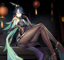  aqua_eyes aqua_eyeshadow aqua_lips armpits black_hair breast_curtain breasts chinese_commentary chinese_hairpin colored_inner_hair commentary_request crossed_legs earrings eyeshadow female genshin_impact glasses gloves high_heels high_ponytail highres jewelry kokanoko large_breasts long_hair makeup multicolored_hair red-framed_eyewear semi-rimless_eyewear solo tassel tassel_earrings thighs very_long_hair xianyun_(genshin_impact) 