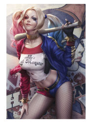  absurdres baseball_bat belt blonde_hair bracelet choker closed_mouth clothes_writing collarbone crop_top dc_comics english_text eyeshadow female fingerless_gloves fishnet_pantyhose fishnets gloves graffiti gun hand_on_leg harley_quinn harley_quinn_(classic) harley_quinn_(suicide_squad) heart highres holster jacket jewelry lips makeup micro_shorts midriff multicolored_clothes multicolored_jacket multicolored_shorts navel official_art pantyhose pantyhose_under_shorts pink_hair realistic shirt shorts single_glove smile solo spade_(shape) spiked_bracelet spikes stanley_lau studded_belt suicide_squad tattoo torn_clothes torn_shirt twintails weapon 