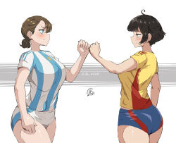  2024_copa_america 2girls ahoge argentina asociacion_de_futbol_argentina black_hair blue_eyes brown_hair colombia fist_pump jk_arts multiple_girls original ponytail shirt short_hair shorts soccer_uniform spanish_commentary sportswear striped_clothes thick_thighs thighs yellow_eyes yellow_shirt 