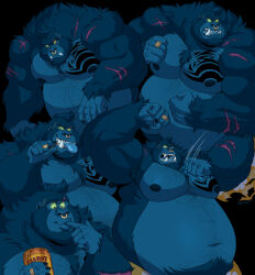  2022 anthro ape belly big_muscles blue_body blue_fur blue_tongue chest_tattoo facial_piercing fahz_(fahzthegorilla) finger_in_mouth finger_suck food fur glowing glowing_eyes gorilla green_eyes haplorhine hi_res hitting_chest holding_jar male mammal moobs musclegut muscular muscular_anthro muscular_male navel nipples nose_piercing nose_ring overweight overweight_anthro overweight_male peanut_butter piercing polartoons primate ring_(jewelry) ring_piercing scar solo sucking tattoo tongue toothpick tusks 