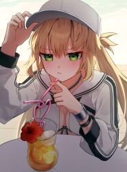  artoria_caster_(fate) artoria_caster_(swimsuit)_(fate) artoria_caster_(swimsuit)_(first_ascension)_(fate) artoria_pendragon_(fate) baseball_cap blonde_hair blush breasts cocktail_glass crazy_straw cup drinking_glass drinking_straw fate/grand_order fate_(series) female fingernails flower green_eyes hat highres medium_breasts red_flower sakuraike shrug_(clothing) twintails 