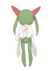  bad_id bad_twitter_id blush clothes_lift colored_skin covering_face green_hair green_skin highres horns kirlia multicolored_skin pokemon pokemon_(creature) sidelocks simple_background skirt skirt_lift sweatdrop two-tone_skin white_background white_skin youjo_modoki 