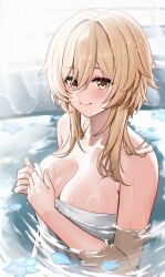  ayul_(ayulneri_92) blonde_hair breasts commentary_request female genshin_impact hair_between_eyes hands_up highres large_breasts looking_at_viewer lumine_(genshin_impact) naked_towel onsen partially_submerged petals petals_on_liquid short_hair_with_long_locks smile solo towel wet yellow_eyes 