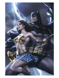  1boy absurdres bare_shoulders batman batman:_the_dark_knight_returns batman_(series) black_hair blank_eyes blue_eyes breasts bruce_wayne cape comic_cover dc_comics earrings female gladiator_sandals gloves highres jewelry lasso_of_truth lightning long_hair official_art sandals signature skirt stanley_lau star_(symbol) superhero_costume wonder_woman 