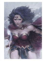  absurdres armlet blue_eyes blue_hair blurry bracer breasts breath cape comic_cover commentary cowboy_shot dc_comics depth_of_field english_commentary female highres holding holding_weapon jewelry lasso lasso_of_truth long_hair looking_at_viewer official_art parted_lips photoshop_(medium) pommel realistic reverse_grip shield skirt snow snowing solo stanley_lau superhero_costume sword tiara toned weapon weapon_behind_back wonder_woman wonder_woman_(series) 