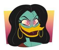  anatid anseriform anthro avian bird black_hair disney duck ducktales ducktales_(2017) ear_piercing ear_ring evil_face evil_grin female glowing glowing_eyes hair hoop_ear_ring ishtar_(ducktales) jewelry long_hair magic_user mr._blue_(artist) necklace open_mouth piercing ring_piercing smile solo sumerian villainess villainous 