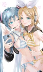  2girls :p aqua_eyes aqua_hair asymmetrical_docking between_breasts bikini black_thighhighs blonde_hair blue_eyes blush bow breast_press breasts cellphone detached_sleeves dhbwinner dutch_angle hair_ornament hair_ribbon hairclip hatsune_miku headphones headset heart highres holding holding_phone kagamine_rin long_hair looking_at_viewer meme_attire miku_collar_bikini multiple_girls nail_polish navel neckerchief necktie necktie_between_breasts necktie_grab neckwear_grab phone ribbon sailor_collar selfie short_hair short_twintails side-tie_bikini_bottom small_breasts smartphone smile striped_bikini striped_clothes swimsuit thighhighs tongue tongue_out twintails v very_long_hair vocaloid white_background wide_sleeves yellow_neckerchief 