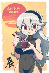  2024 alternate_costume bare_shoulders black_dress black_hairband bowl breasts china_dress chinese_clothes chinese_zodiac chopsticks corrin_(female)_(fire_emblem) corrin_(fire_emblem) covered_navel dress eating eyelashes female fire_emblem fire_emblem_fates food food_in_mouth grey_hair hair_between_eyes hairband highres holding holding_bowl holding_chopsticks large_breasts long_hair looking_at_viewer mochi mochi_trail new_year pointy_ears red_eyes solo year_of_the_dragon zachu_(nyzt) 