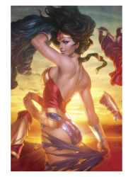  absurdres ass bare_shoulders black_hair blue_eyes breasts dc_comics female floating_hair from_behind highres large_breasts leotard long_hair looking_at_viewer official_art parted_lips signature solo stanley_lau star_(symbol) strapless strapless_leotard superhero_costume tearing_clothes tiara torn_clothes wonder_woman wonder_woman_(series) 