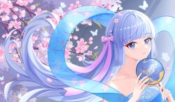  absurdres alternate_costume arched_bangs bare_shoulders blue_eyes blue_hair bow cherry_blossoms chinese_commentary commentary_request falling_petals female floating_hair flower genshin_impact hair_flower hair_ornament hairbow hand_fan highres holding holding_fan kamisato_ayaka light_blue_hair long_hair looking_at_viewer parted_lips petals pink_bow pink_flower portrait smile solo tuanshan very_long_hair zhui_ming_ying_xue 