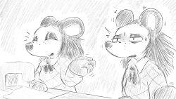  animal_crossing anthro bodily_fluids closed_eyes clothed clothing dialogue_in_description dragonweirdo ears_up emanata eulipotyphlan female greyscale half-closed_eyes hedgehog hi_res kerchief mammal monochrome motion_lines narrowed_eyes neckerchief nintendo quills_(anatomy) sable_able sewing_machine simple_background snout solo story story_in_description sweat sweatdrop topwear tremble_spikes worried 