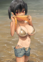  bikini black_hair blue_shorts breasts camisole camisole_lift clothes_lift commentary_request female gaki_kyonyuu gold_bikini hair_between_eyes highres kaedeko_(kaedelic) large_breasts lifting_own_clothes looking_at_viewer navel one-piece_tan open_fly oppai_loli partially_submerged red_eyes sasaki_kanna_(kaedeko) short_hair shorts side-tie_bikini_bottom solo standing swimsuit tan tanlines thighs twintails water wet yellow_camisole 