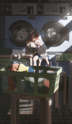  2girls absurdres black_tank_top blue_shorts breasts cleavage clothes clothes_dryer dragon_girl dragon_horns earrings ginyuiti grey_hair henya_the_genius highres horns indoors jewelry large_breasts laundromat laundry laundry_basket multiple_girls red_hair shirt shorts sleeping sleeping_upright small_breasts striped_clothes striped_shorts tank_top virtual_youtuber vshojo white_shirt zentreya zentreya_(dragon) 