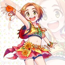  armpits backpack bag bead_bracelet beads belly_chain belt blue_shorts blush bracelet brown_hair collarbone cowboy_shot cropped_jacket cropped_shirt dot_nose female fingerless_gloves flat_chest flower gloves green_shirt hair_flower hair_ornament hairclip hand_up idolmaster idolmaster_cinderella_girls idolmaster_cinderella_girls_starlight_stage jacket jewelry looking_at_viewer midriff multicolored_background naoharu_(re_barna) navel open_clothes open_hand open_jacket open_mouth orange_gloves orange_ribbon outstretched_arms plaid_clothes plaid_shirt red_skirt ribbon ryuzaki_kaoru scrunchie shirt short_hair shorts shorts_under_skirt single_fingerless_glove skirt sleeveless sleeveless_jacket smile solo standing sunflower sunflower_hair_ornament teeth thick_eyebrows twitter_username upper_teeth_only wrist_ribbon wrist_scrunchie yellow_belt yellow_eyes yellow_jacket yellow_scrunchie zoom_layer 