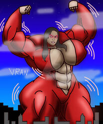  abs cleavage dark_brown_hair deviantart extreme_muscles giantess giantess_growth gigantic_ass gigantic_breasts jcalin mega_girl muscular_arms muscular_ass muscular_back muscular_female muscular_thighs original_character red_pink red_suit vranger134 