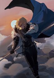  1boy absurdres arm_up armor armored_gloves belt black_armor black_belt black_fur black_gloves black_pants blonde_hair blood blood_on_armor blood_on_face blue_cape blue_eyes breastplate cape closed_mouth cloud dimitri_alexandre_blaiddyd eyepatch feet_out_of_frame fire_emblem fire_emblem:_three_houses floating_cape fur-trimmed_cape fur_trim gauntlets gloves glowing glowing_eyes grimace hair_between_eyes hand_on_own_shoulder highres holding holding_polearm holding_weapon looking_ahead male_focus one_eye_covered orange_sky pants polearm sky solo spear sun sunset tsuru_zzz very_long_cape weapon white_fur 