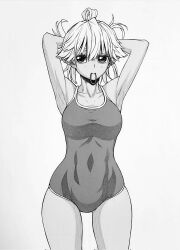  adjusting_hair armpits arms_behind_head breasts elf eyebrows_hidden_by_hair feet_out_of_frame female full_body greyscale hair_between_eyes hair_tie_in_mouth highres large_breasts light_blush looking_at_viewer monochrome mouth_hold ogino_ken one-piece_swimsuit pointy_ears reanette_elfelt shinmai_ossan_bokensha short_hair simple_background solo swimsuit white_background 