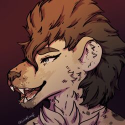  ambiguous_gender anthro blue_eyes brown_hair bust_portrait chest_tuft fangs female_(lore) fur gradient_background hair hyena inner_ear_fluff lionfloof mammal open_mouth portrait signature simple_background solo tan_body tan_fur tan_inner_ear_fluff teeth tuft 