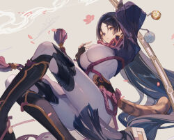  black_hair blunt_ends chinese_commentary commentary_request falling_petals fate/grand_order fate_(series) feet_out_of_frame female from_below grey_background highres holding holding_sword holding_weapon kumatangent light_frown long_hair long_sleeves looking_at_viewer low-tied_long_hair minamoto_no_raikou_(fate) parted_bangs parted_lips petals puffy_long_sleeves puffy_sleeves purple_eyes skin_tight solo straight_hair sword very_long_hair weapon 