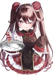  ;q alternate_costume black_dress blush bow bowtie brown_hair commentary_request cowboy_shot cup double_bun dress female flower-shaped_pupils food fruit genshin_impact hair_between_eyes hair_bun holding holding_tray hu_tao_(genshin_impact) kobato_(youyoshi0422) long_hair looking_at_viewer multicolored_clothes multicolored_dress multicolored_hair one_eye_closed red_bow red_bowtie red_dress red_eyes red_hair sleeves_past_fingers sleeves_past_wrists solo spoon strawberry symbol-shaped_pupils tongue tongue_out tray twintails very_long_hair white_dress 