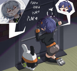  1boy :3 =_= absurdres ahoge ass belle_(zenless_zone_zero) black_shirt black_thighhighs blue_hair brother_and_sister chibi clenched_hands closed_eyes female fingerless_gloves gloves grey_skirt highres indoors kneeling miniskirt multiple_girls orange_gloves shirt shoes short_hair siblings single_glove single_thighhigh skirt thighhighs vilde_loh_hocen wise_(zenless_zone_zero) zenless_zone_zero 