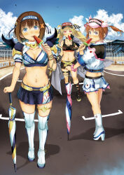  3girls absurdres black_footwear blue_eyes blush boots breasts brown_hair checkered_ribbon cleavage cloud collarbone earrings fate_testarossa food garimpeiro hair_ornament hair_ribbon hat head_tilt high_heel_boots high_heels highres holding holding_food holding_popsicle jewelry long_hair looking_at_viewer lyrical_nanoha mahou_shoujo_lyrical_nanoha medium_breasts midriff multiple_girls navel open_mouth orange_eyes pink_hat popsicle purple_eyes racetrack ribbon short_hair shrug_(clothing) sky small_breasts smile star_(symbol) star_earrings star_hair_ornament takamachi_nanoha thigh_boots thigh_strap twintails umbrella visor_cap watermelon_bar white_footwear white_ribbon yagami_hayate 