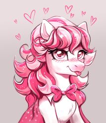  absurd_res blep blush bow_tie candi_(wild_manes) clothing confetticakez equid equine female hair heart_symbol hi_res horse mammal pink_body pink_eyes pink_hair solo tongue tongue_out wild_manes 