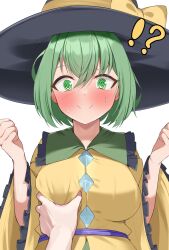  !? 1other @_@ absurdres black_hat blush bow breasts c: clenched_hands closed_mouth commentary diagonal_bangs embarrassed female frilled_shirt_collar frilled_sleeves frills furrowed_brow grabbing_another&#039;s_breast green_eyes green_hair groping hair_between_eyes hands_up hat hat_bow highres impossible_clothes kirisame_oreo komeiji_koishi long_sleeves looking_at_viewer medium_breasts meme nervous_sweating pov_cheek_grabbing_(meme) shirt short_hair smile solo_focus split_mouth straight-on sun sun_hat sweat tearing_up touhou tsurime upper_body w_arms white_background wide_sleeves yellow_bow yellow_shirt 