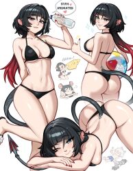  animal_ears ass bikini black_bikini black_hair blunt_bangs blushyspicy breasts chibi collarbone female green_eyes highres jacket jane_doe_(zenless_zone_zero) long_hair looking_at_viewer mouse_ears mouse_girl multicolored_hair multiple_views red_hair seth_lowell smile swimsuit tail thong thong_bikini zenless_zone_zero 