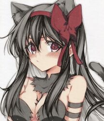  :/ akemi_homura akuma_homura animal_ears black_hair blush bow breasts cat_ears cat_tail cleavage closed_mouth female hairband hairbow highres long_hair looking_at_viewer mahou_shoujo_madoka_magica mahou_shoujo_madoka_magica:_hangyaku_no_monogatari marker_(medium) misteor red_bow solo tail traditional_media upper_body 