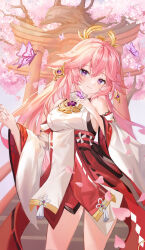  animal_ears breasts bug butterfly butterfly_on_hand cherry_blossoms commentary_request contrapposto day detached_sleeves earrings falling_petals female floating_hair floppy_ears fox_ears genshin_impact gold_earrings gold_trim hakama hakama_skirt hand_on_own_chest hand_up head_tilt headpiece highres japanese_clothes jewelry light_blush light_smile long_hair looking_at_viewer nontraditional_miko outdoors petals pink_hair pink_nails pink_sky purple_butterfly purple_eyes red_hakama ri_yonn shirt sideboob skirt sky sleeveless sleeveless_shirt solo stairs tassel turtleneck turtleneck_shirt very_long_hair white_shirt wide_sleeves yae_miko 