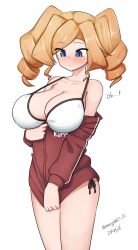  absurdres bikini blonde_hair blue_eyes breasts brown_jacket cleavage drill_hair female highres honolulu_(kancolle) honolulu_(swimsuit_mode)_(kancolle) jacket kantai_collection large_breasts long_hair maru_(marg0613) one-hour_drawing_challenge side-tie_bikini_bottom simple_background solo string_bikini swimsuit twin_drills white_background white_bikini white_trim 