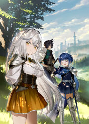  1boy 2girls armor armored_boots belt black_hair blue_hair blush boots breasts brown_eyes day garuku gauntlets grey_hair looking_at_viewer medium_breasts multicolored_hair multiple_girls open_mouth original outdoors short_hair short_hair_with_long_locks shoulder_armor skirt smile two-tone_hair yellow_eyes 