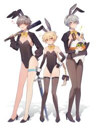  3boys absurdres aether_(genshin_impact) ahoge animal_ears bandana bangboo_(zenless_zone_zero) bare_shoulders baseball_bat black_footwear black_gloves black_leotard black_shrug blonde_hair blue_eyes blush bow bowtie braid brown_eyes brown_pantyhose brown_thighhighs buttons caelus_(honkai:_star_rail) closed_mouth company_connection covered_navel creature crossdressing crossed_bangs crossover detached_collar elbow_gloves eous_(zenless_zone_zero) fake_animal_ears fake_tail fingerless_gloves genshin_impact gloves grey_hair grumpy hair_between_eyes hairbow hand_on_own_hip hand_up heart high_heels highres holding holding_baseball_bat holding_sword holding_weapon honkai:_star_rail honkai_(series) hug juliet_sleeves leotard long_hair long_sleeves looking_at_viewer low-braided_long_hair low-tied_long_hair male_focus mihoyo multiple_boys one_eye_closed open_mouth orange_bandana over_shoulder pantyhose playboy_bunny puffy_long_sleeves puffy_sleeves rabbit_ears rabbit_tail raramuda_0101 shadow shoes short_hair shrug_(clothing) smile sparkle strapless strapless_leotard sword tail thighhighs trailblazer_(honkai:_star_rail) v-shaped_eyebrows weapon weapon_over_shoulder wing_collar wise_(zenless_zone_zero) wrist_cuffs yellow_bow yellow_bowtie yellow_eyes zenless_zone_zero 