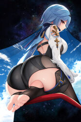  ass back breasts closed_mouth cloud cloudy_sky day eula_(genshin_impact) feet female focus foreshortening from_behind from_below genshin_impact highres huge_ass large_breasts leotard looking_back nekoda_(maoda) seiza shooting_star short_hair sitting skin_tight sky soles solo thick_thighs thigh_strap thighhighs thighs toes yellow_eyes 