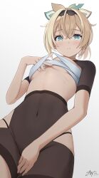  absurdres aqua_eyes blonde_hair breasts chest_sarashi covered_navel female from_below grey_background hair_between_eyes highres hololive kazama_iroha kazama_iroha_(1st_costume) looking_at_viewer mawata0618 medium_breasts ponytail sarashi signature simple_background solo virtual_youtuber 