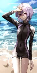  a.i._voice arm_up beach black_wetsuit bodysuit breasts commentary_request covered_navel cowboy_shot diving_suit female hair_between_eyes highres outdoors parted_lips purple_eyes purple_hair purple_wetsuit safutsuguon short_hair small_breasts solo two-tone_swimsuit voiceroid wetsuit yuzuki_yukari yuzuki_yukari_(shizuku) 