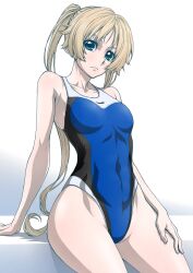  angelica_diarmuit armpits blonde_hair blue_eyes blue_one-piece_swimsuit breasts closed_mouth eyebrows_hidden_by_hair female groin hand_on_own_leg highres large_breasts long_hair looking_at_viewer ogino_ken one-piece_swimsuit shinmai_ossan_bokensha simple_background sitting solo sports_swimsuit swimsuit twintails very_long_hair 