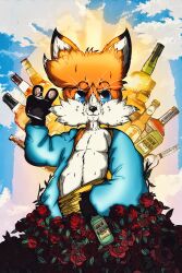  0l-fox-l0 2k_games absurd_res alcohol anthro beer beverage blue_eyes borderlands bottle canid canine clothing container digital_drawing_(artwork) digital_media_(artwork) flower fox foxo_(0l-fox-l0) fur hair happy hi_res male mammal messy_hair orange_body orange_fur petals plant robe rose_(flower) rose_petals short_height sky smile solo vodka whiskey yellow_body yellow_fur 