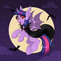  absurd_res alicorn bat bat_pony cloak clothing cloud confetticakez equid equine fangs feral flying friendship_is_magic full_moon hair hasbro hi_res horn looking_at_viewer mammal moon my_little_pony mythological_creature mythological_equine mythology night pink_body pupils purple_hair purple_tail quadruped red_eyes slit_pupils star tail teeth twilight_sparkle_(mlp) wings 