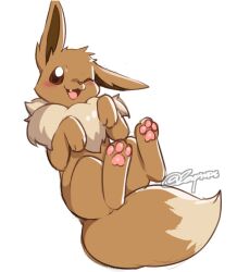  2024 blush blush_lines brown_body brown_eyes brown_fur brown_nose cute_fangs dipstick_tail eevee fangs feral fluffy fluffy_tail fur generation_1_pokemon male markings neck_tuft nintendo one_eye_closed open_mouth pawpads paws pink_pawpads pokemon pokemon_(species) signature smile solo tail tail_markings teeth tuft zerpreros 