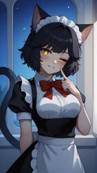  ai_generated apron bankonit black_hair blush cat_ears catgirl finger_to_mouth freckles fully_clothed maid maid_headdress maid_uniform medium_breasts night original_character red_bow smile stable_diffusion standing wink winking_at_viewer yellow_eyes 