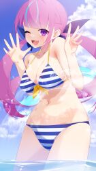  aqua_hair bare_shoulders bikini blue_bikini blue_sky blush braid breasts cleavage cloud cloudy_sky collarbone curly_hair day female front-tie_bikini_top front-tie_top highres hololive horizontal-striped_bikini koyubi_maru large_breasts long_hair looking_at_viewer lower_teeth_only minato_aqua minato_aqua_(hololive_summer_2019) multicolored_hair nail_polish navel one_eye_closed open_mouth outdoors pink_eyes pink_hair purple_nails salute sky smile solo stomach streaked_hair striped_bikini striped_clothes swimsuit teeth thighs tongue twintails two-tone_bikini two-tone_hair virtual_youtuber wading water white_bikini 