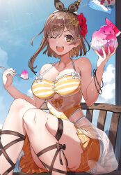  ;d atelier_(series) atelier_ryza atelier_ryza_3 bare_shoulders bikini bikini_skirt black_ribbon blush bow bracelet breasts bright_pupils brown_eyes brown_hair chair cleavage cloud collarbone comiket_104 commentary_request convenient_leg curvy day dessert earrings feet_out_of_frame female flower food hair_flower hair_ornament hair_ribbon hairbow hairpin halterneck hands_up happy highres holding holding_spoon horizontal-striped_bikini jewelry knees_together_feet_apart knees_up large_breasts looking_at_viewer oerba_yun_fang official_art one_eye_closed open_mouth outdoors pleated_skirt red_flower reisalin_stout ribbon short_hair sidelighting sitting skindentation skirt sky smile solo spoon striped_bikini striped_clothes sunlight sweat swimsuit teeth thigh_strap toridamono upper_teeth_only w_arms white_pupils x_hair_ornament 