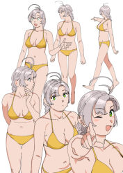  alternate_costume antenna_hair bikini braid breasts cleavage female green_eyes greyscale kantai_collection kinugasa_(kancolle) kinugasa_kai_ni_(kancolle) long_hair looking_to_the_side medium_breasts monochrome multiple_views ojipon pointing simple_background single_braid swimsuit white_background yellow_bikini 