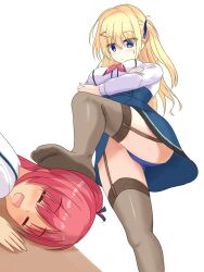  2girls :/ :d =_= arms_under_breasts black_thighhighs blonde_hair blue_eyes blue_panties blue_ribbon blue_skirt blush closed_mouth commentary_request cowlick crossed_arms eyes_visible_through_hair feet foot_on_head foot_out_of_frame foreshortening from_below frown garter_straps hair_between_eyes hair_ornament hair_ribbon hairclip happy high-waist_skirt highres legs long_hair long_sleeves looking_at_another looking_down multiple_girls neckerchief no_shoes one_side_up ooya_shiori open_mouth panties ponytail red_hair red_neckerchief ribbon select_oblige shirayamakoma shirt simple_background skirt smile soles solo_focus standing standing_on_one_leg stepped_on sweatdrop tateshina_eve thighhighs thighs tsurime underwear white_background white_shirt yuri 